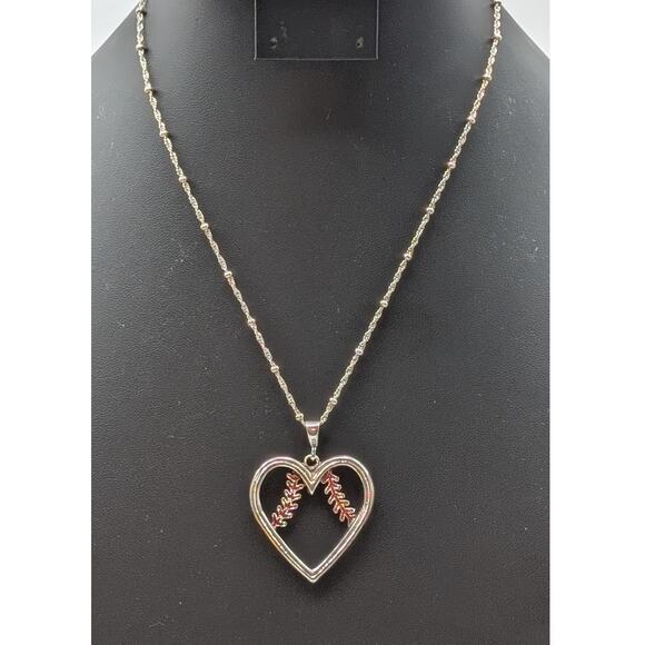 Large 925 Sterling Silver Red Enamel 'Baseball Heart' Pendant Chain Necklace - Picture 1 of 8